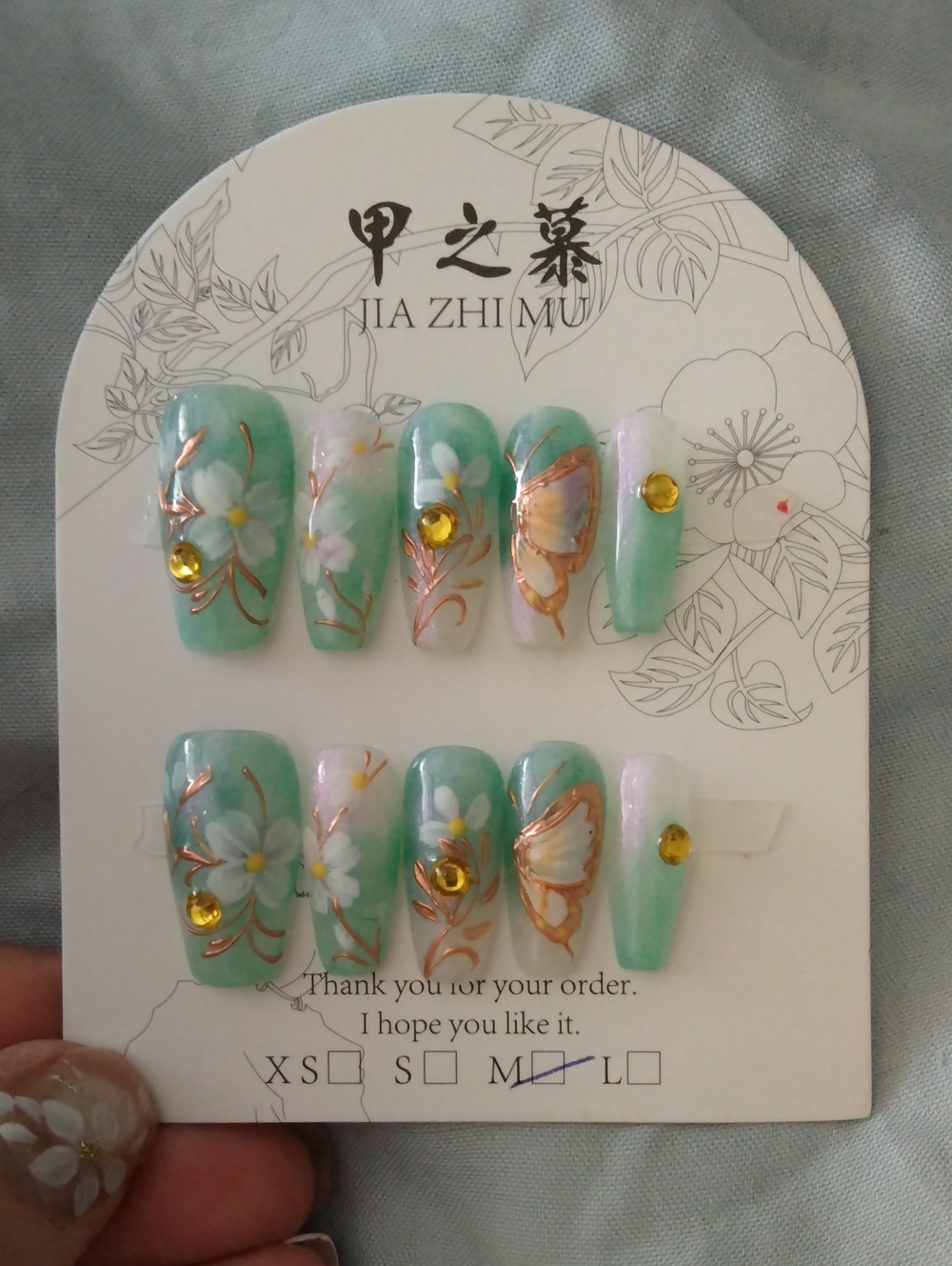 Jia Zhi Mu Green Butterfly with Handpainted Floral Accents - M